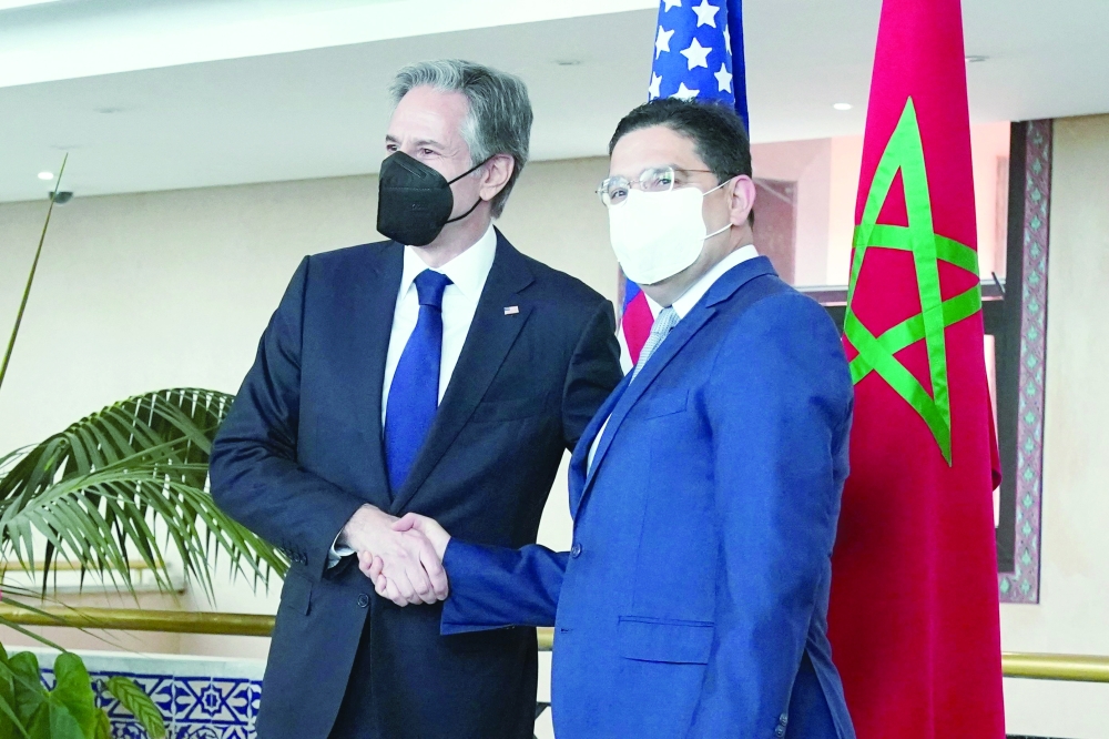 US Secretary of State Antony Blinken with Morocco's Foreign Minister Nasser Bourita during their meting in Rabat.- AFP
