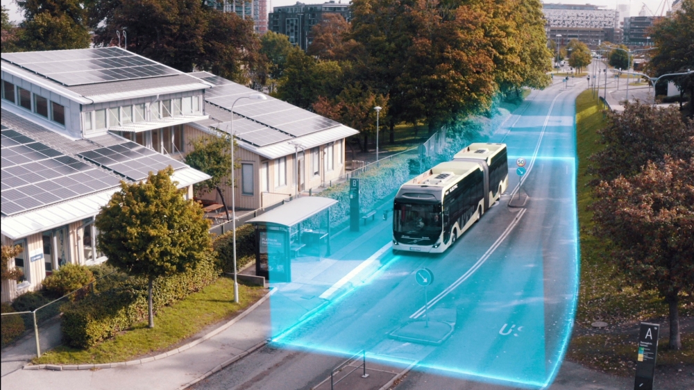 Gothenburg, Sweden, is testing geofencing for public transport. The blue lines in this conceptual rendering indicate the boundaries of a geofenced zone. (Volvo Buses/City of Gothenburg  via The New York Times) 