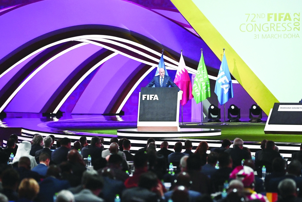 Fifa President Gianni Infantino delivers a speech during the 72th Fifa Congress in the Qatari capital Doha on March 31, 2022.
 The countdown towards the most controversial World Cup in history really begins on Friday as the draw for Qatar 2022 takes place in Doha, less than eight months before the start of the tournament itself. (Photo by FRANCK FIFE / AFP)