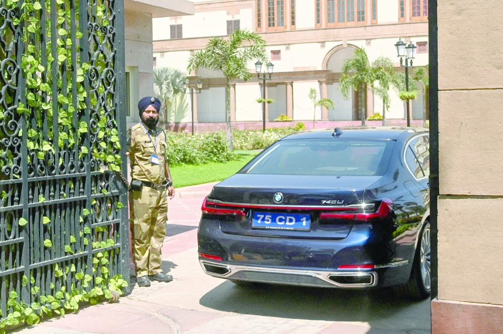 Russian Foreign Minister Sergei Lavrov arrives in a car for a meeting with Indian Foreign Minister S Jaishankar at Hyderabad House in New Delhi. -- AFP