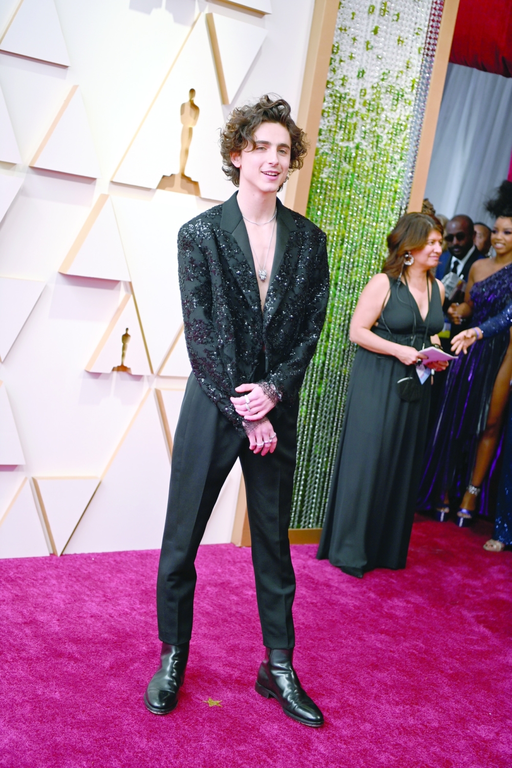Timothee Chalamet arrives for the 94th Academy Awards in Los Angeles on Sunday, March 27, 2022. (Hunter Abrams/The New York Times)