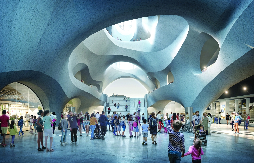 An undated image provided by Neoscape, Inc., shows a rendering of the Kenneth C. Griffin Exploration Atrium, a four-story space that is a gateway to the new Richard Gilder Center for Science, Education and Innovation at the American Museum of Natural History in New York.(Neoscape, Inc. via The New York Times)