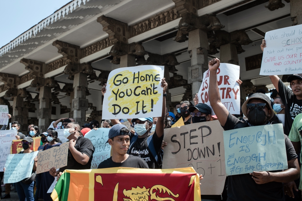 Students and other residents protest the ongoing fuel and economic crisis at Independence Square in Colombo, Sri Lanka, on Monday, April 4, 2022. (Rebecca Conway/The New York Times)