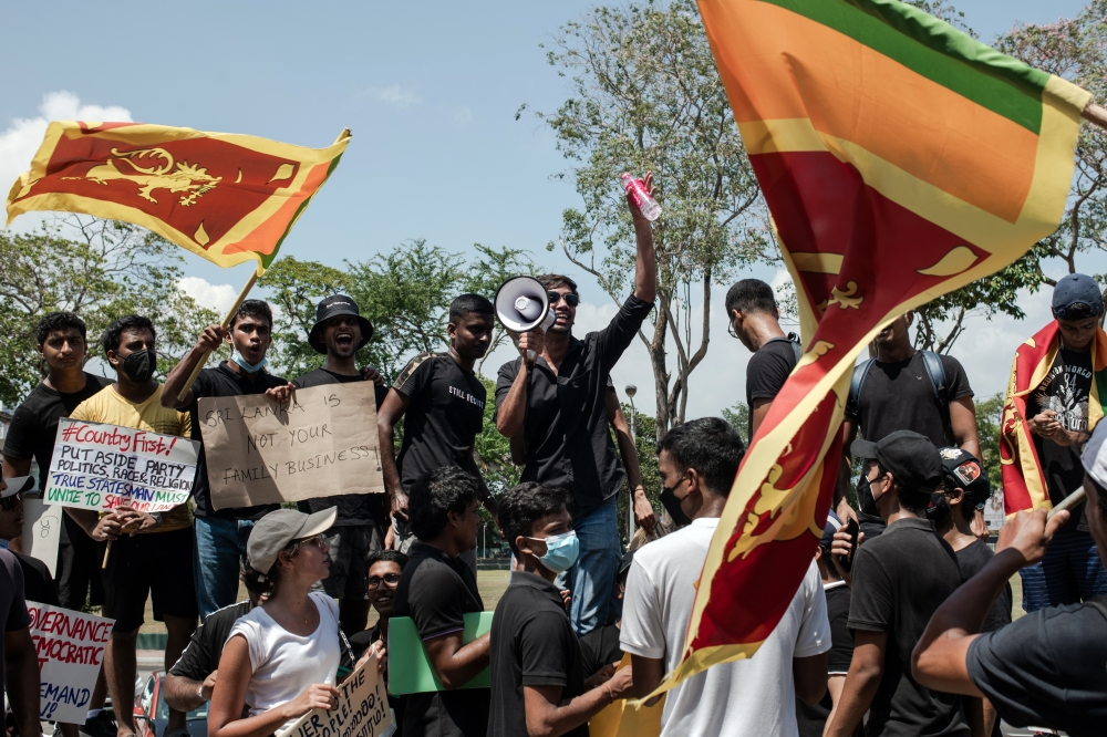 Students and other residents protest the ongoing fuel and economic crisis at Independence Square in Colombo, Sri Lanka, on Monday, April 4, 2022. (Rebecca Conway/The New York Times)