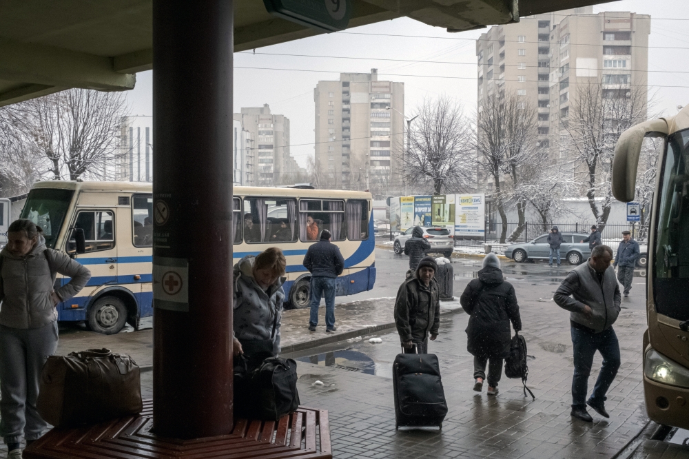 The main bus terminal, which services international passengers, in Lviv, Ukraine, on Sunday, April 3, 2022.  (Mauricio Lima/The New York Times)
