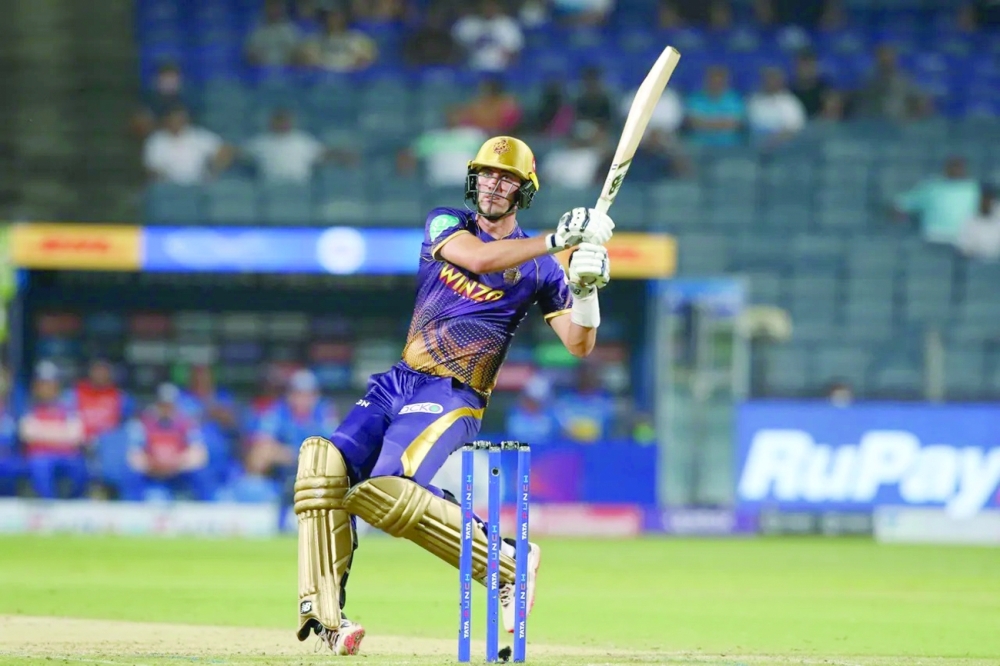 Kolkata Knight Riders' Pat Cummins plays a shot.