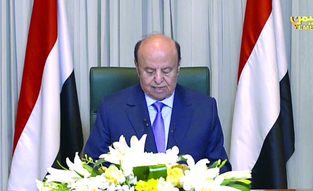 This image grab taken from Yemen TV early on Thursday shows Yemeni President Abedrabbo Mansour Hadi during a televised speech. - AFP 