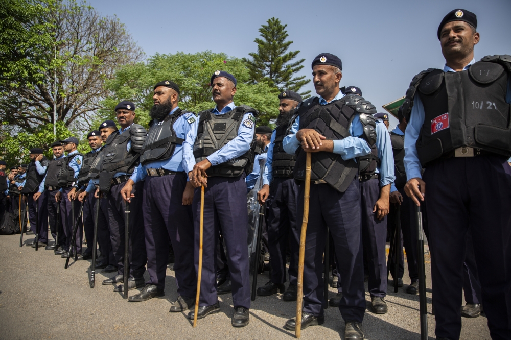 Security forces outside Parliament in Islamabad, Pakistan ahead of a no-confidence vote against Prime Minister Imran Khan, on Saturday, April 9, 2022. 