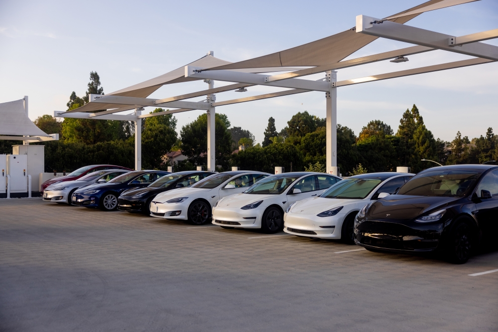 Tesla cars at a charging station in San Diego, July 21, 2021. 