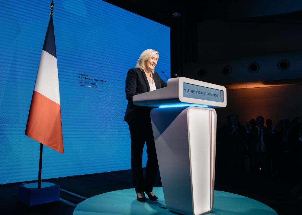 Marine Le Pen, the French far-right leader, speaks in Paris after the election projections were announced on Sunday, April 10, 2022. 