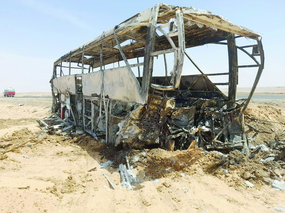 The scene of a bus accident which occurred in early hours when the vehicle collided with a car between Aswan and Abu Simbel temple down south. - AFP