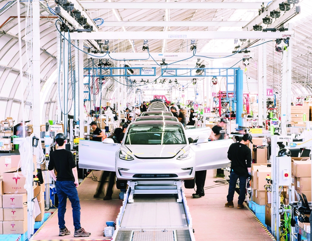 The assembly line at Tesla's factory in Fremont, California.