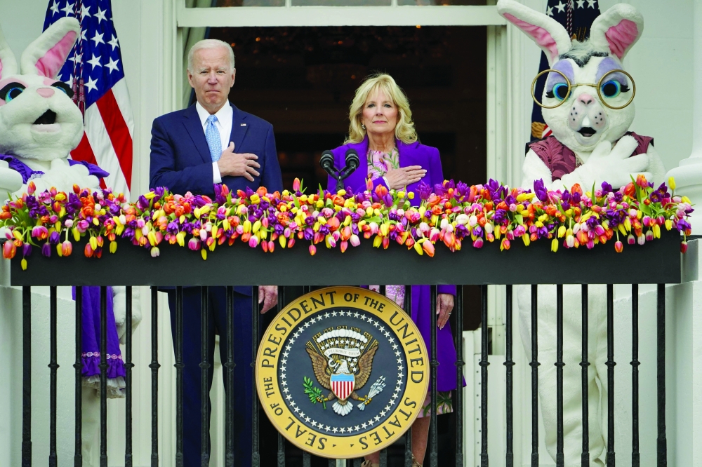 US President Joe Biden, alongside First Lady Jill Biden during the annual White House Easter Egg Roll of the White House in Washington, DC. — AFP