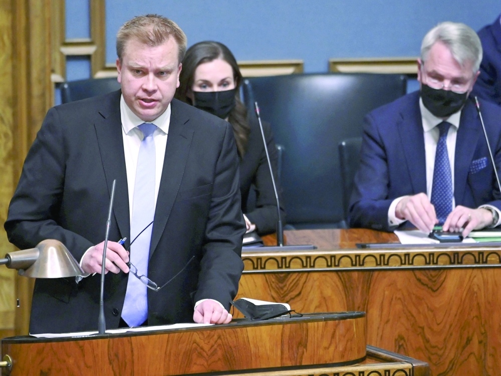 Foreign Defence Minister Antti Kaikkonen during a plenary session at the Finnish Parliament in Helsinki. -  AFP