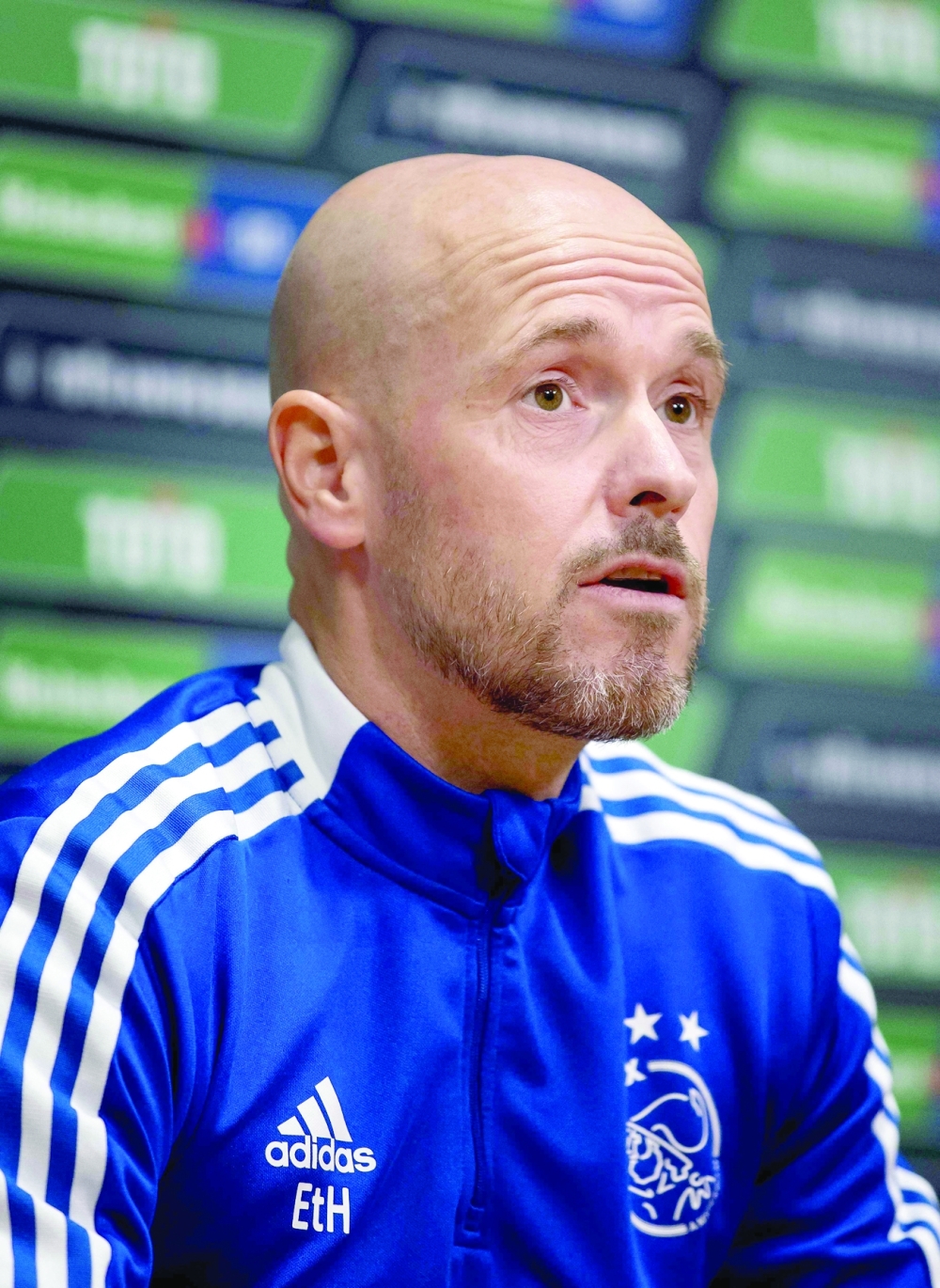Ajax's Dutch coach Erik ten Hag talks to journalists during the Toto KNVB Cup Press Conference prior to the cup final against PSV Eindhoven at the Johan Cruyff Arena in Amsterdam on April 15, 2022. Ajax's Dutch coach Erik ten Hag is strongly rumoured to be next man tasked with reviving United as a title contender after years of disappointment.  - Netherlands OUT
 (Photo by Koen van Weel / ANP / AFP)

