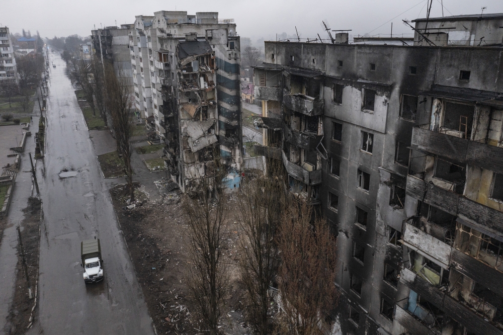 Bombed-out apartment blocks in the the town of Borodyanka, Ukraine, April 21, 2022. (David Guttenfelder/The New York Times)