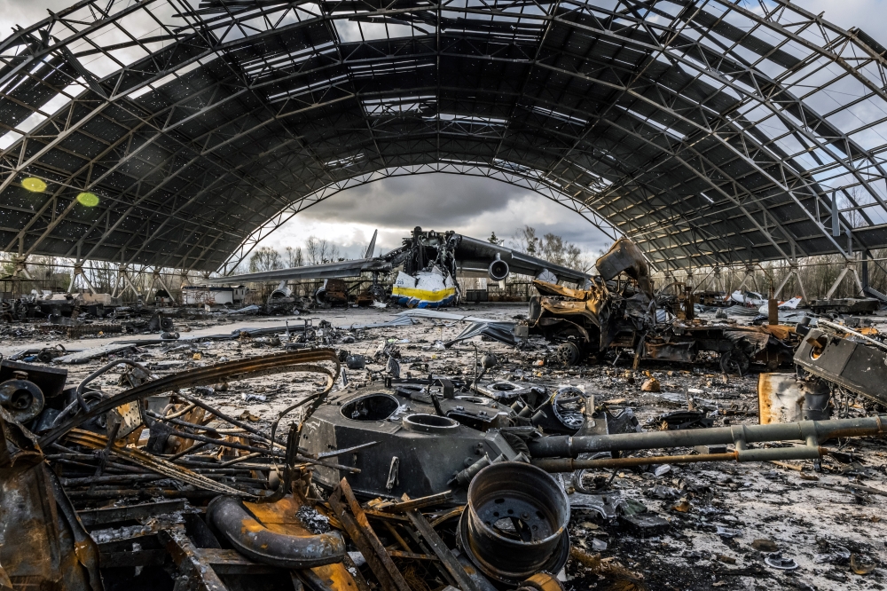 The wreckage of Mriya, the world's largest cargo aircraft, at the Antonov airfield in Hostomel, near Kyiv, Ukraine, on Sunday, April 17, 2022. (Daniel Berehulak/The New York Times)