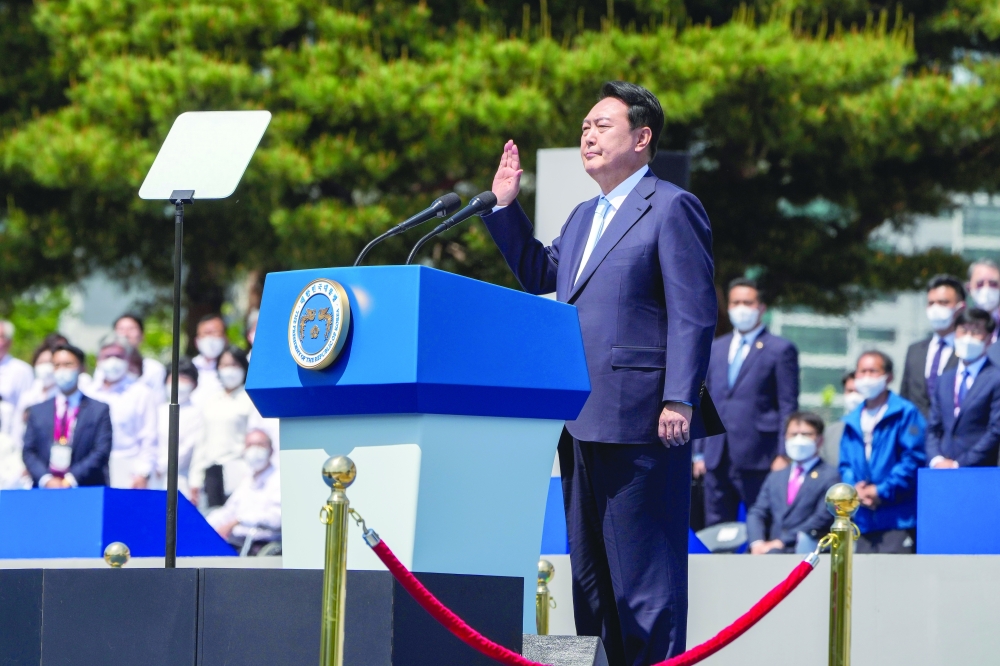 Yoon Suk-yeol is sworn into office as president of South Korea in Seoul on Tuesday. 