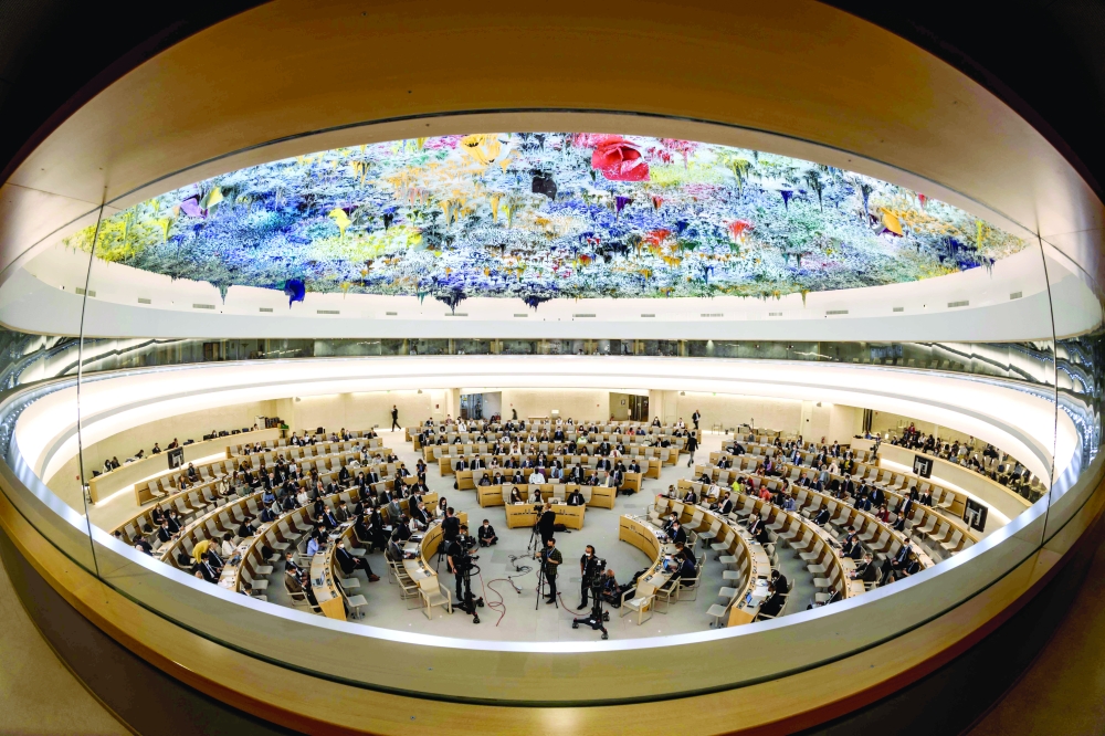 A general view of the Room XX hosting a special session of the UN Human Rights Council on Ukraine, in Geneva on Thursday. - AFP