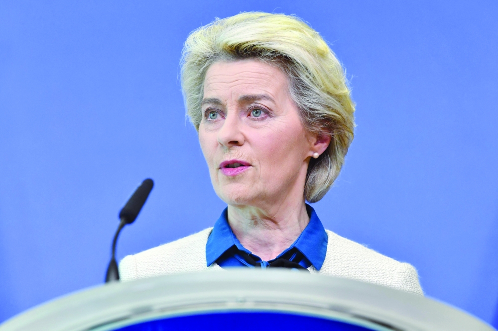 European Commission President Ursula von der Leyen delivers a statement on the Commission's proposals on the topic of "REPowerEU, defence investment gaps and the relief reconstruction of Ukraine" at the EU headquarters in Brussels on May 18, 2022. EU chief Ursula von der Leyen proposed extra aid to Ukraine this year of up to nine billion euros ($9.5 billion) to help it cope with the ravages of war. (Photo by JOHN THYS / AFP)