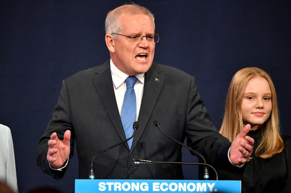 Australia's Prime Minister Scott Morrison speaks at a Liberal election event after the Australian general election in Sydney. AFP