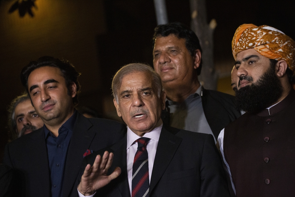 Shahbaz Sharif, now the prime minister of Pakistan, speaks at a press conference days before his election, in Islamabad on April 7, 2022. (Saiyna Bashir/The New York Times)