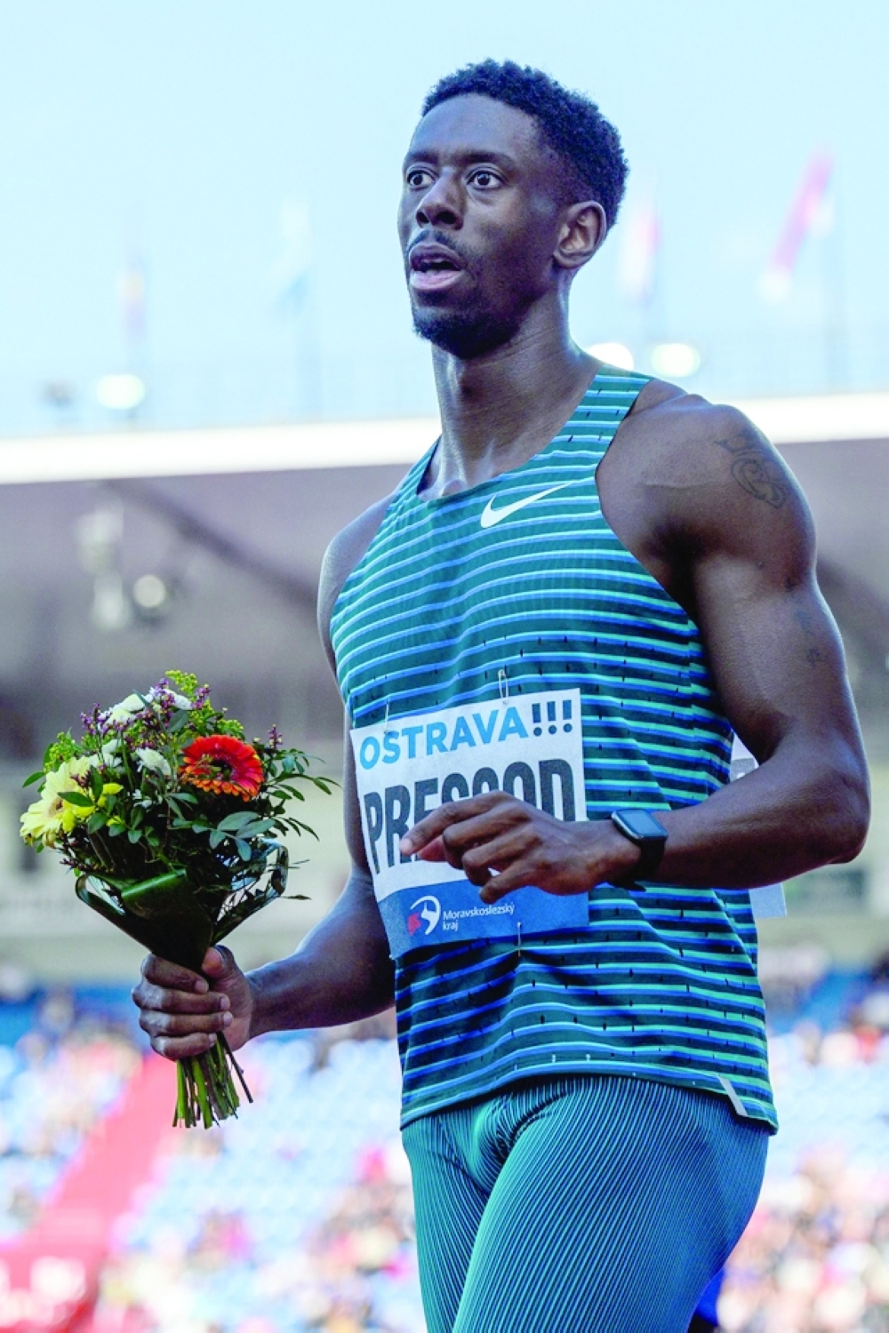 Britain's Reece Prescod celebrates after winning the Men's 100m event at the IAAF 2022 Golden Spike Athletics Meeting in Ostrava, Czech Republic. -- AFP