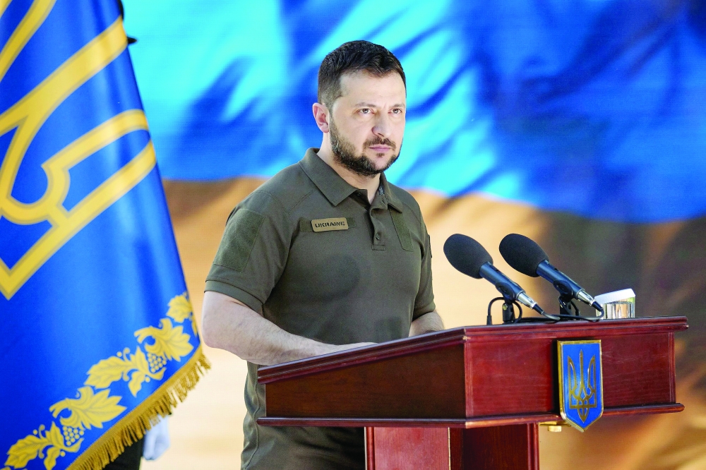 This handout picture taken and released by the Ukrainian presidential press service on Thursday shows Ukrainian President Volodymyr Zelensky taking part in a credential ceremony in Kyiv, on the 99th day of the Russian war on Ukraine. - AFP  