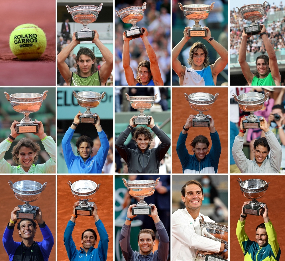 (COMBO) This combination of file pictures created on June 5, 2022 shows Spanish Rafael Nadal holding the Mousquetaires Cup (The Musketeers) after his 14 victories at the tennis French Open at Roland Garros on June 5, 2005; on June 11, 2006; on June 10, 2007; on June 8, 2008; on June 6, 2010; on June 5, 2011; on June 11, 2012; on June 9, 2013; on June 8, 2014; on June 11, 2017; on June 10, 2018; on June 9, 2019; on October 11, 2020 and on June 5, 2022. Nadal won a 14th French Open and record-extending 22nd Grand Slam title with a straight-sets rout of Casper Ruud to become the oldest male champion at Roland Garros. (Photo by AFP)

