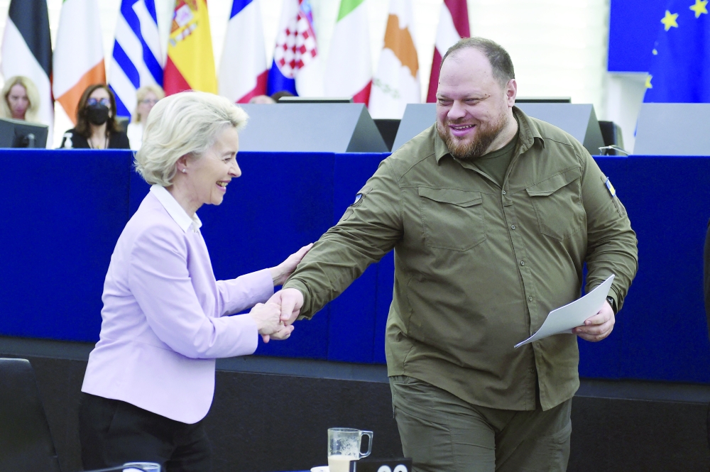 President of Ukraine's Parliament Ruslan Stefanchuk is welcomed by European Commission President Ursula von der Leyen at the European Parliament in Strasbourg. - AFP