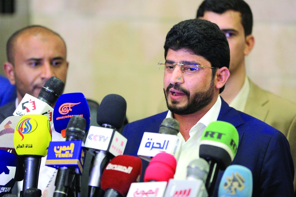 Major General Yahya Abdullah al Razami, chairman of Ansar Allah fighters 'military committee for negotiations", holds a press conference in Sanaa. - AFP