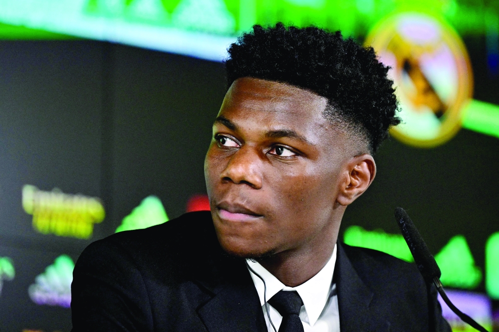 France's Aurelien Tchouameni holds a press conference during his official presentation as a Real Madrid player. -- AFP