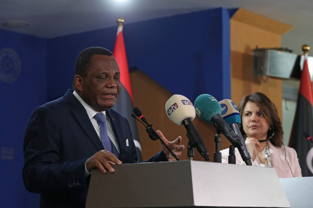 Jean-Claude Gakosso, Foreign Minitser of the Republic of Congo, during a joint-press conference with his Libyan counterpart Najla al Manqoush in Tripoli. - AFP


