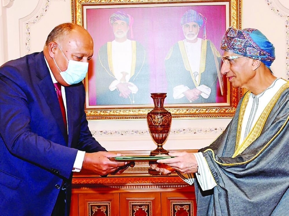 HH Sayyid Fahd bin Mahmood al Said, Deputy Prime Minister for  Council of Ministers, receives written message to  His Majesty Sultan Haitham bin Tarik from President Abdel Fattah El Sisi of Egypt. The letter was handed over  by Sameh Shoukry, Foreign Minister of Egypt in Muscat. — file photo