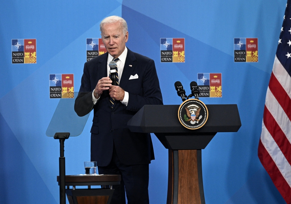 US President Joe Biden addresses media representatives during a press conference at the Nato summit at the Ifema congress centre in Madrid, on Thursday -- AFP