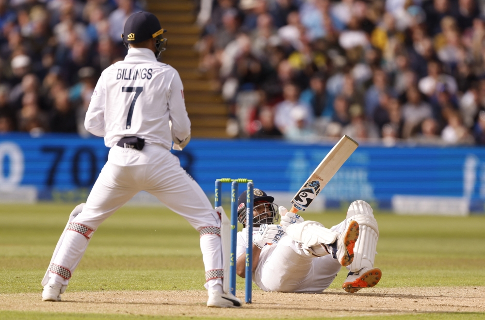 Cricket - Fifth Test - England v India - Edgbaston, Birmingham, Britain - July 1, 2022 India's Rishabh Pant hits four runs off the bowling of England's Jack Leach Action Images via Reuters/Jason Cairnduff
