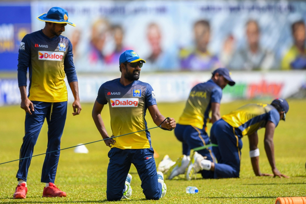 Sri Lanka's players attend a practice session at the Galle International Cricket Stadium in Galle. -- AFP