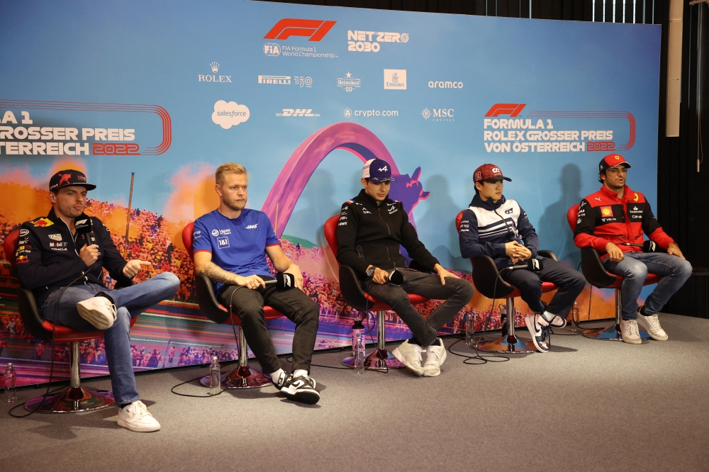 Red Bull's Max Verstappen, Haas' Kevin Magnussen, Alpine's Esteban Ocon, AlphaTauri's Yuki Tsunoda and Ferrari's Carlos Sainz Jr. during a press conference ahead of the Grand Prix. -- Reuters
