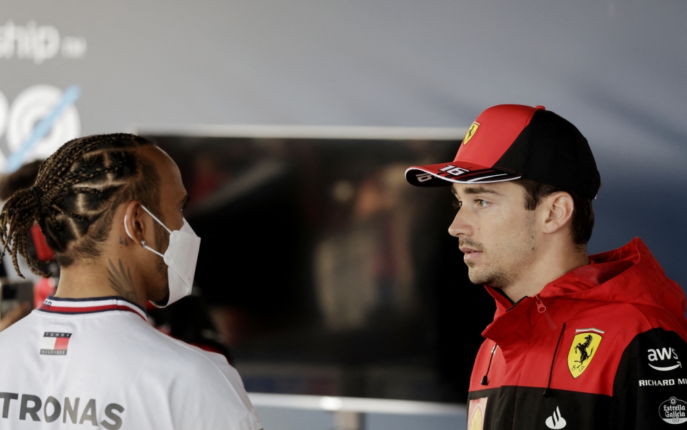 Mercedes' Lewis Hamilton ans Ferrari's Charles Leclerc ahead of the Grand Prix. -- Reuters