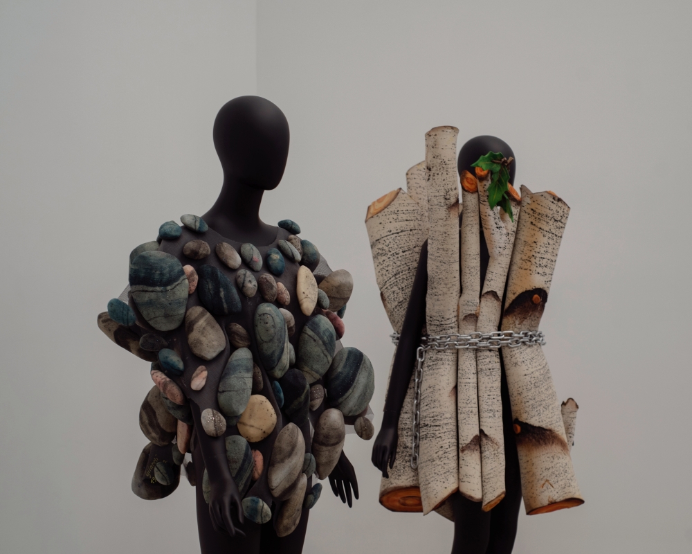 Piero Gilardis Vestito-Natura Sassi, (left) and Vestito-Natura Betulle, both from 1967, at the Magazzino Italian Art Center in Philipstown, N.Y., June 28, 2022. (Lila Barth/The New York Times)