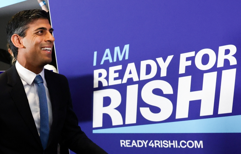 Former Chancellor of the Exchequer Rishi Sunak arrives at an event to launch his campaign to be the next Conservative leader and Prime Minister in London. -- Reuters