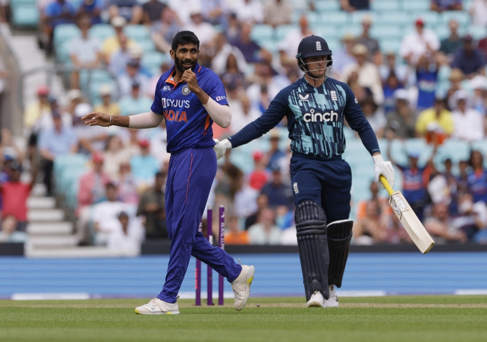 England's Jason Roy walks after losing his wicket off the bowling of India's Jasprit Bumrah. -- Reuters
