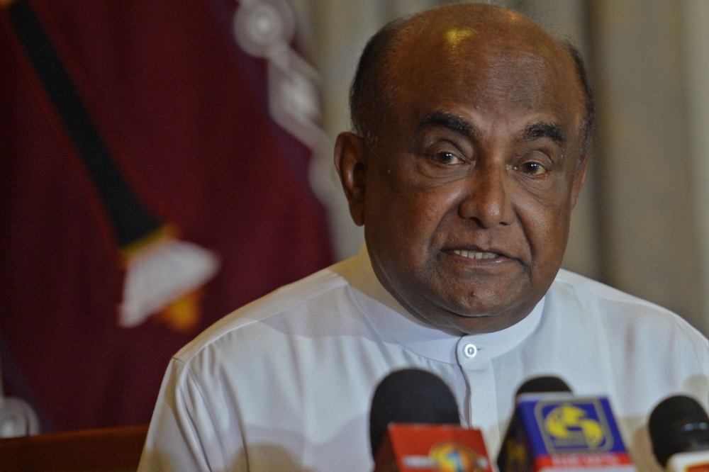 Sri Lanka's Speaker Mahinda Yapa Abeywardena speaks during a media briefing at Speaker's house in Colombo on July 15, 2022.