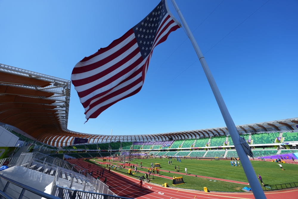 Athletics - World Athletics Championships - Hayward Field, Eugene, Oregon, US - July 14, 2022 The flag of the US is pictured inside the stadium before the start of the World Athletics Championships REUTERS/Aleksandra Szmigiel