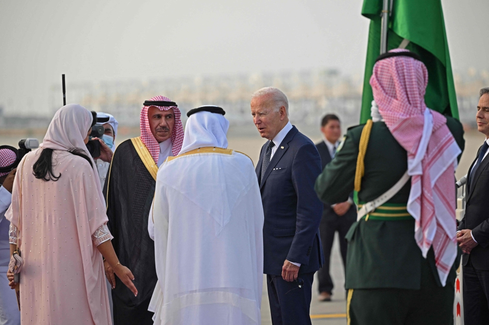 US President Joe Biden is welcomed at the King Abdulaziz International Airport in Jeddah, upon his arrival from Israel, on Friday. - AFP 