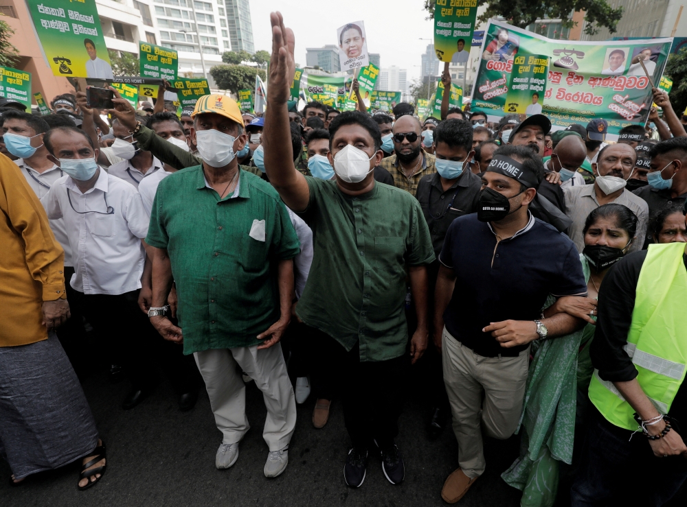  Sajith Premadasa, leader of the main opposition party Samagi Jana Balawegaya attends a protest. 