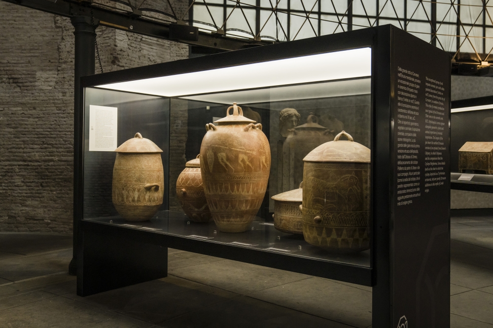 A display of large Etruscan vessels decorated with the blinding of Polyphemus at the Museo dellArte Salvata, or the Museum of Rescued Art, in Rome, July 14, 2022. (Gianni Cipriano/The New York Times)