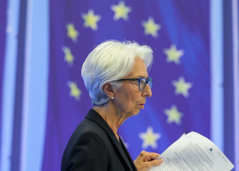 President of the European Central Bank (ECB) Christine Lagarde addresses a press conference on eurozone monetary policy following the meeting of the governing council of the ECB in Frankfurt am Main, western Germany, on Thursday. - AFP 