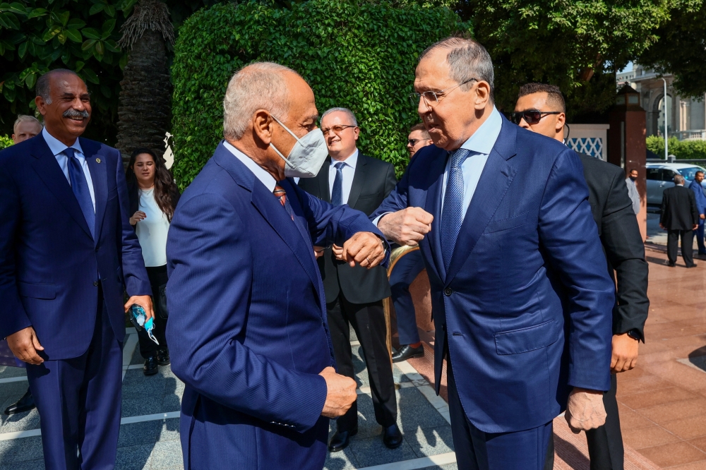 Russian Foreign Minister Sergei Lavrov and Arab League Secretary General Ahmed Aboul Gheit meet in Cairo. -- Reuters