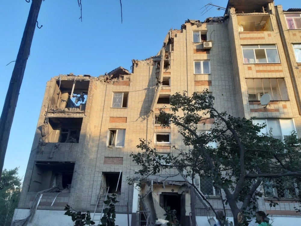 A residential building damaged by a Russian military strike in the town of Toretsk, Donetsk region, on Thursday. -- Reuters